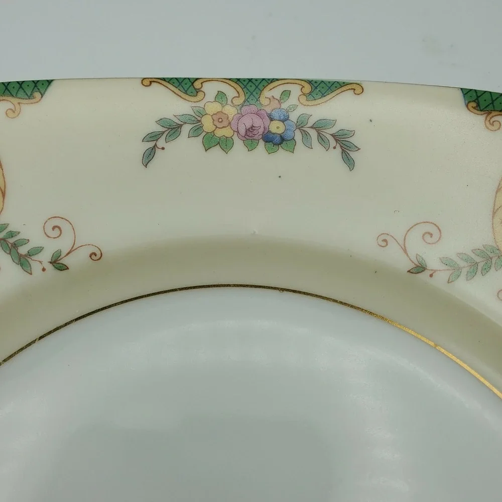 Gebruder Benedikt Czechoslovakia Bread Plate Gilt‎ Green Border Floral Basket 7